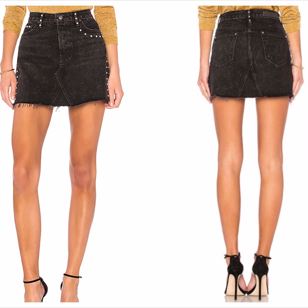 NWT GRLFRND denim eva studded black denim miniskirt, color stevi size 27 - Picture 2 of 10